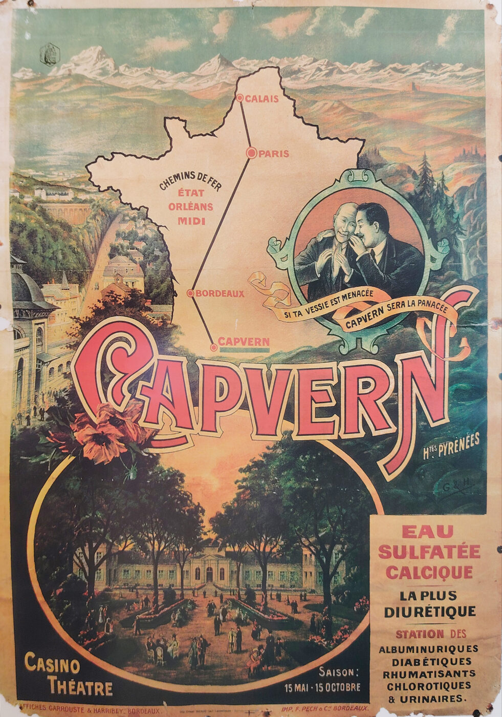 Affiche "Si ta vessie est menacée Capvern sera la panacée". Compagnie des chemins de fer.